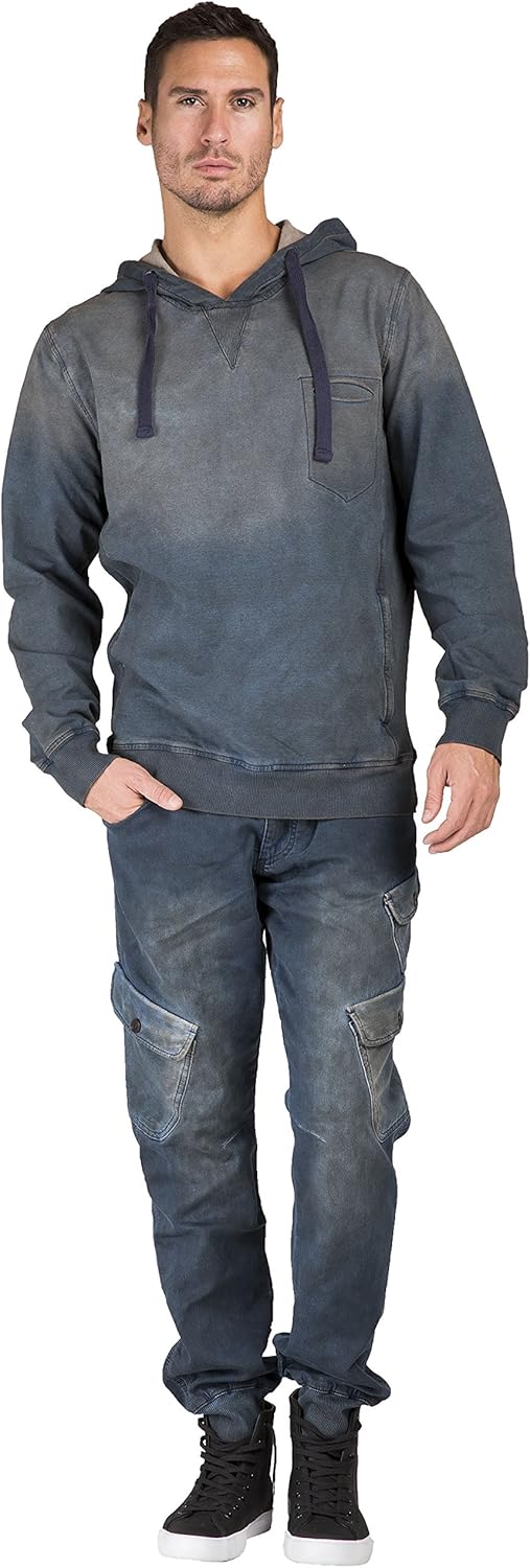 Level 7 Mens Pullover Hoodie Sweatshirts Dark Tainted Knit Denim Side Rib Insert
