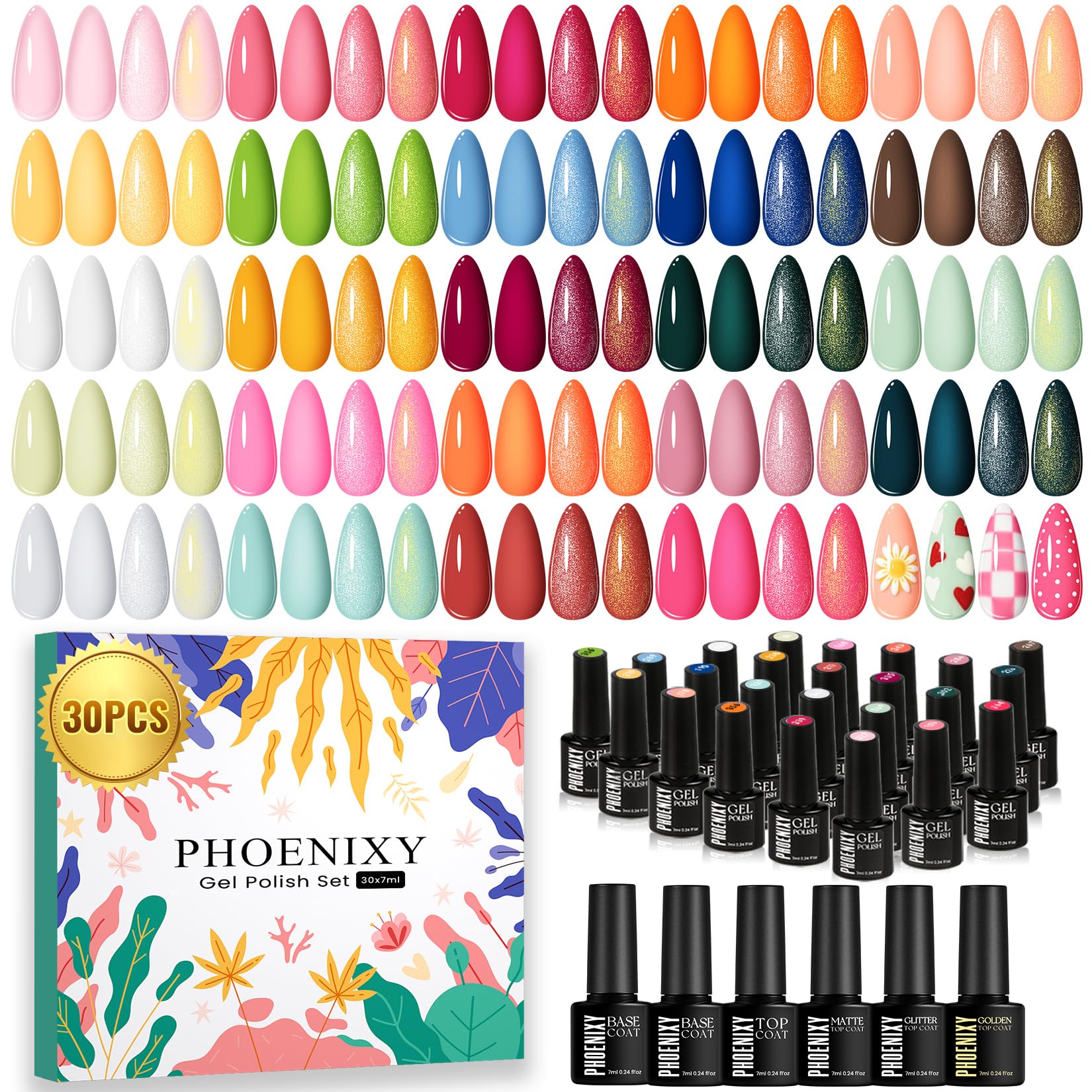 phoenixy 30 PCS Gel Nail Polish, 24 Colors Soak Off Gel Nail Polish Set Pink Blue with Base Matte Glossy Glitter Top Coat Home Manicure Art Beginners Gift for Women