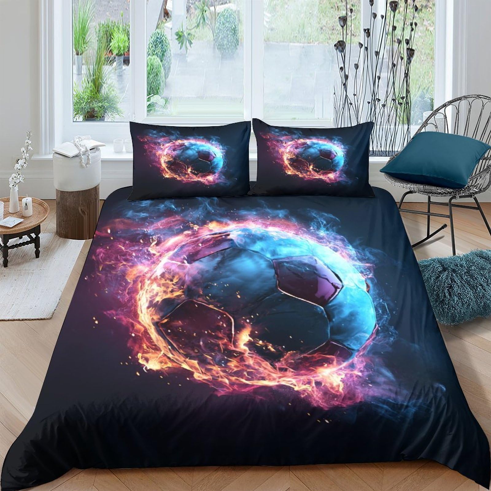 Ctjqhvkz Style-9 3D Printed Fire Soccer Fitted Sheet Microfiber Soft Anti-Slip Galaxy Ball Mattress Cover For Bedroom Dorm Decor, Machine Washable, Dustproof Single（135X200cm）