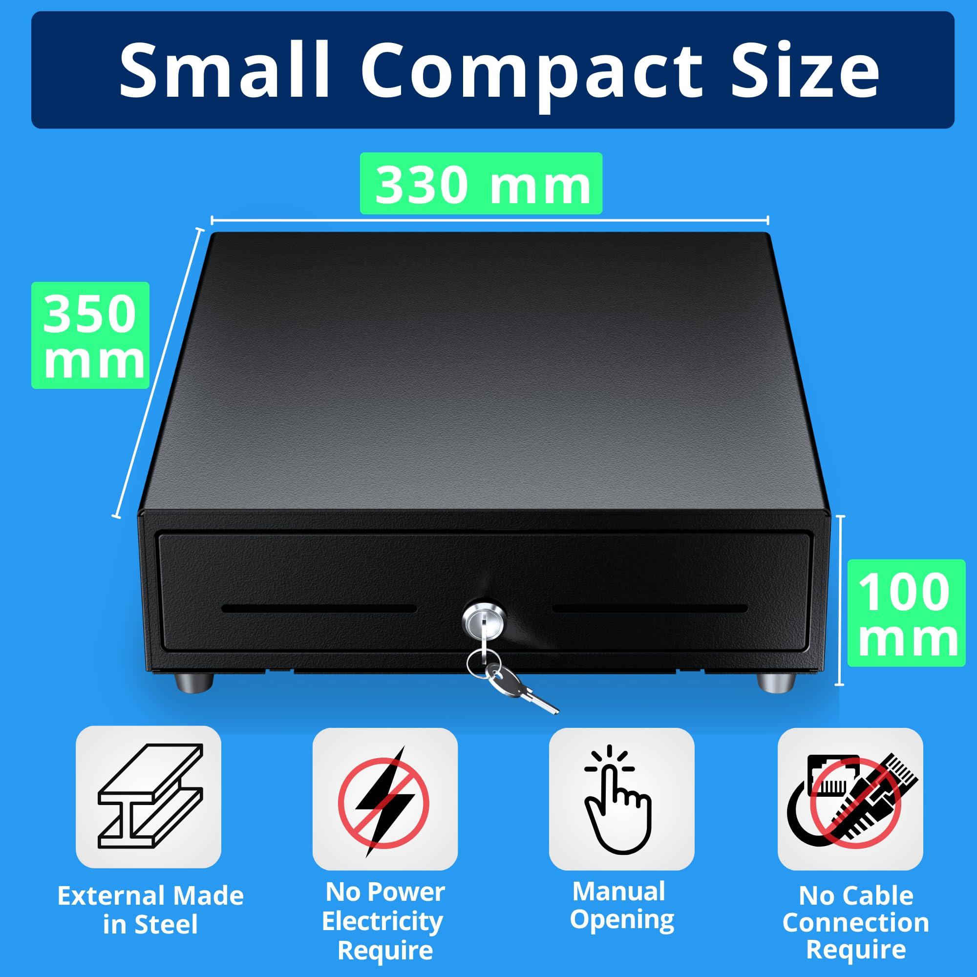 Cassetto per Registratore di Cassa Mini Piccolo, Apertura Manuale Pressione Pannello Frontale e Chiave, Inserto Contanti 4 Banconote e 8 Monete (Euro), 33x35 cm (Nero)