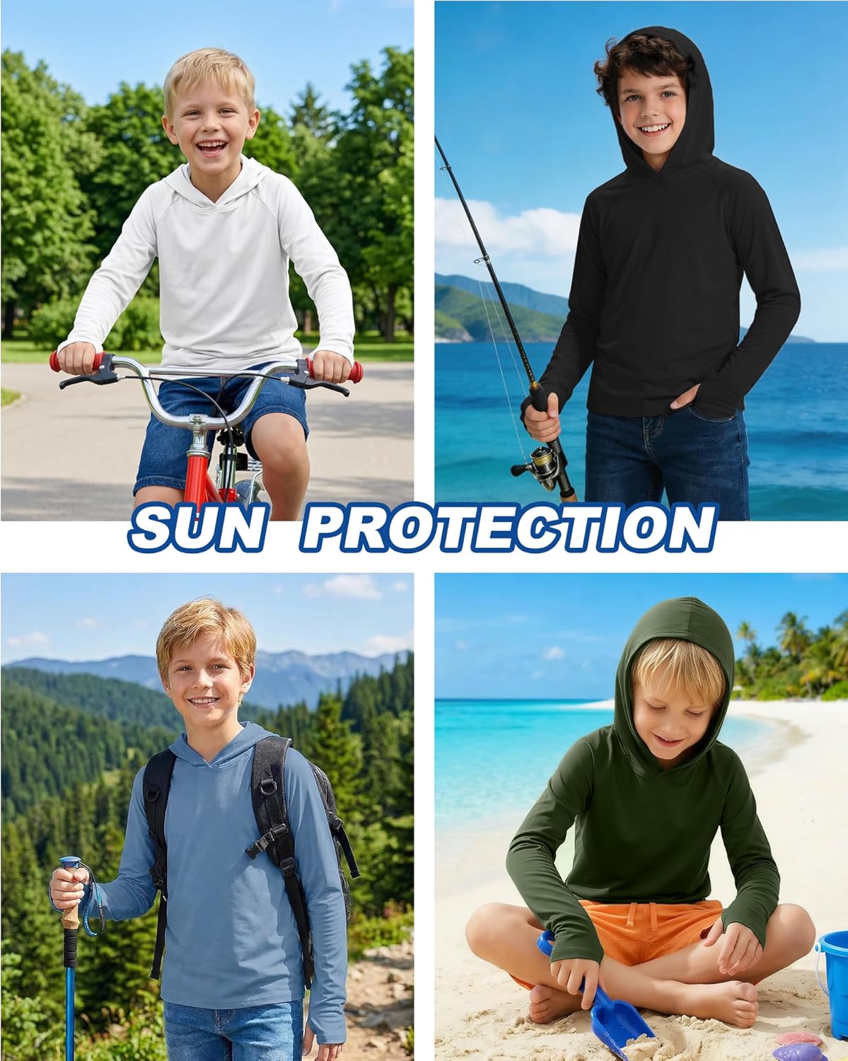 Boys' Hoodie Rash Guard Shirt UPF 50+, 3 Pack Long Sleeve Sun Protection Swim Tee Quick Dry, Lightweight Performance Top