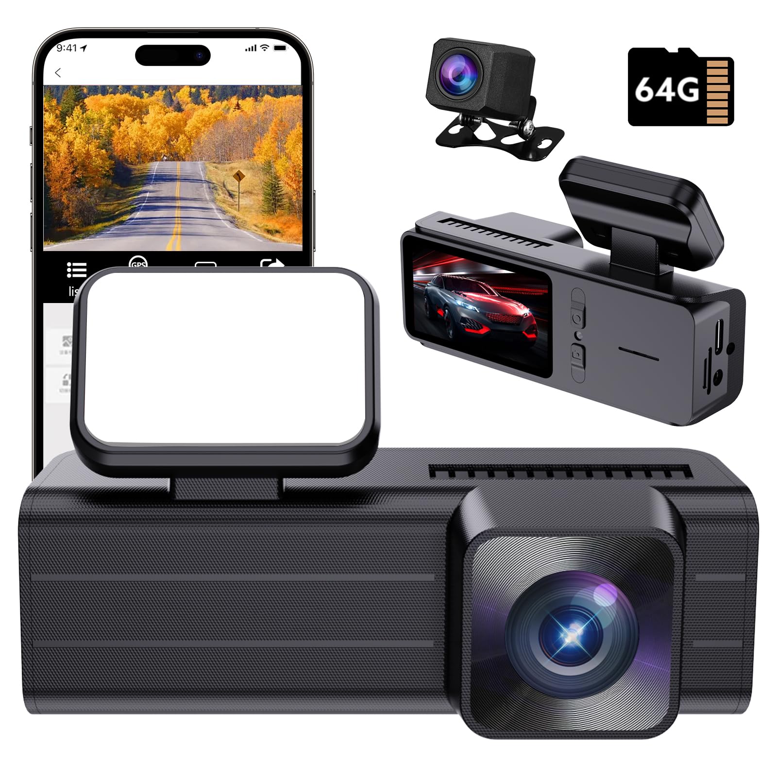 4K Dash Cam Front and Rear, 4k+1080P Dual Dash Camera for Cars with 64G Card，WiFi&App,170-Degree Wide Angle,1.97” Display Car Camera, Night Vision, G-Sensor, Loop Recording