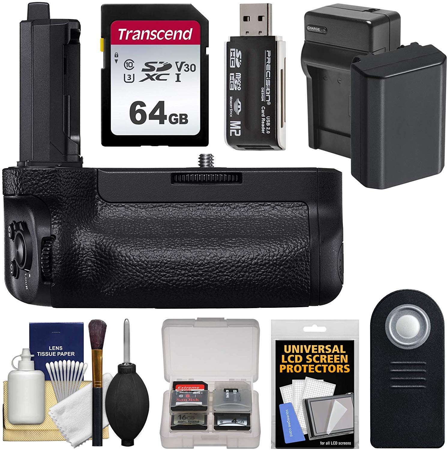 Sony VG-C4EM Vertical Battery Grip with Battery & Charger + 64GB Card + Remote + Reader + Kit for Alpha A7R IV & A9 II Cameras