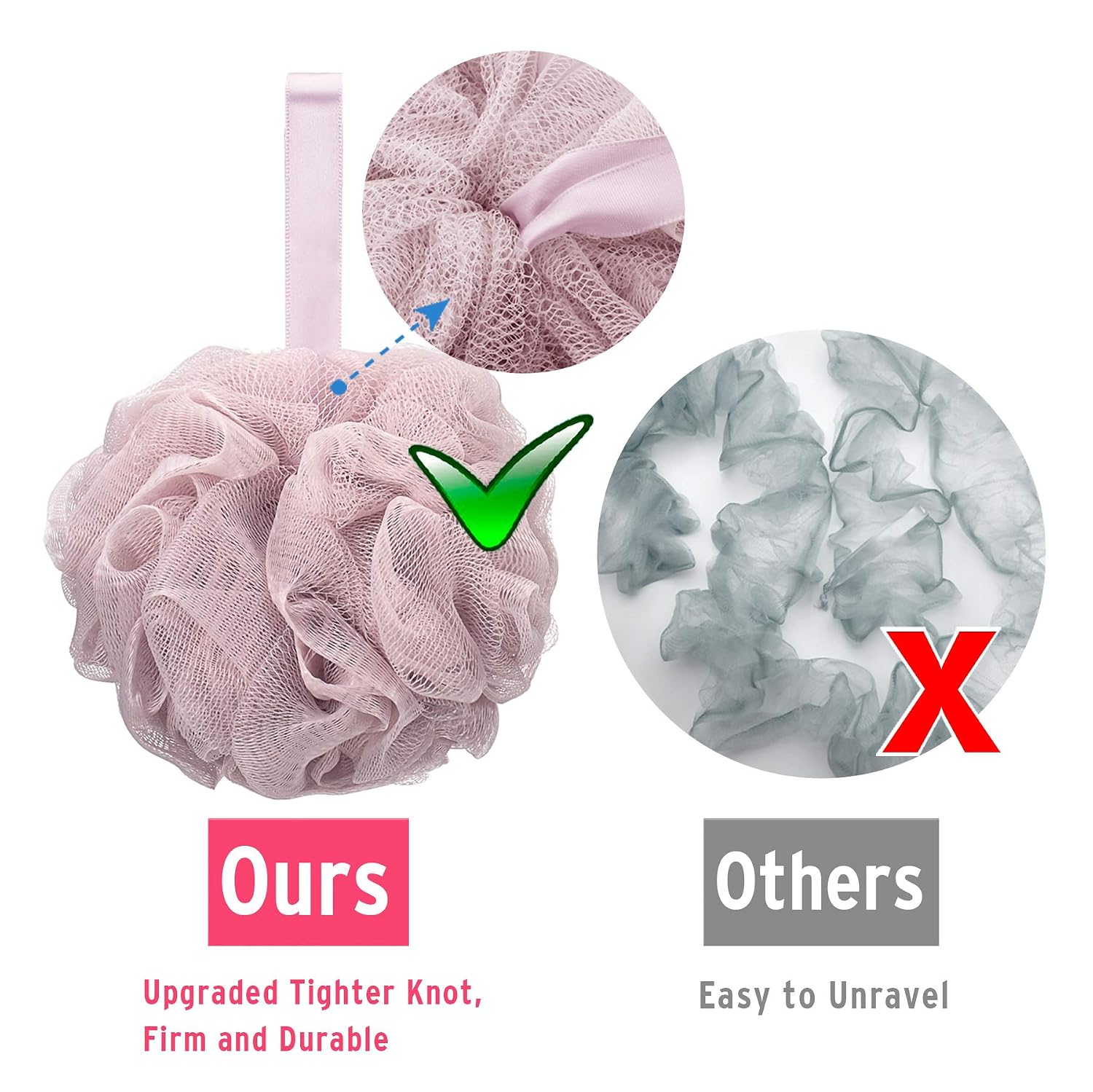 Titanker Bath Loofah Sponge, Shower Sponge Loofahs 75g/pcs Mesh Pouf Soft Body Scrubber Ball, Exfoliating Bath Sponge for Women and Men, Pack of 3, Dark Gray-Pink-White