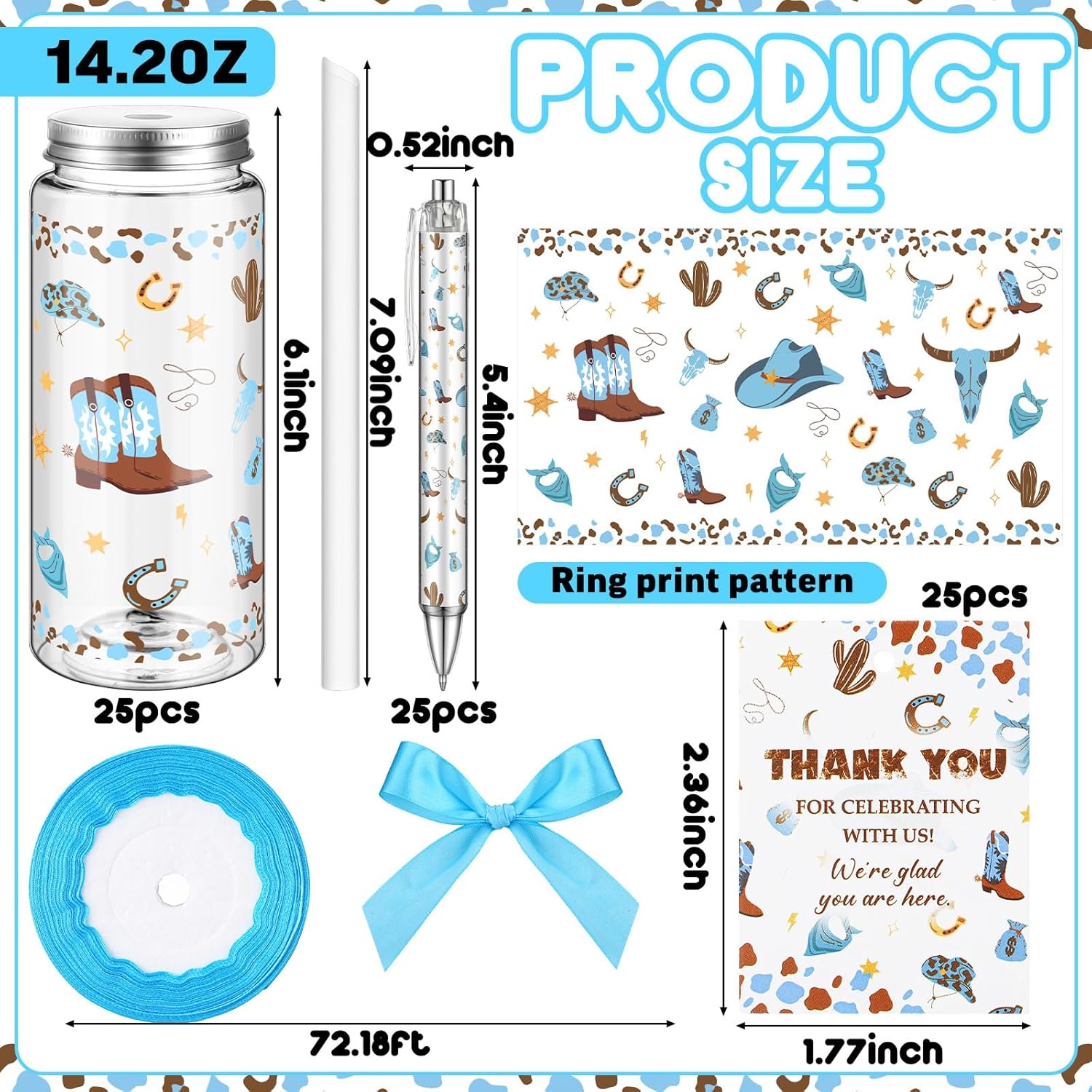 Honeydak 25 Set My First Rodeo Western Cowboy Party Favor Gift for Guest 14.2oz Reusable Plastic Cups with Lids Straws Ballpoint Pens Cards for Cowboy 1st Birthday Baby Shower Party