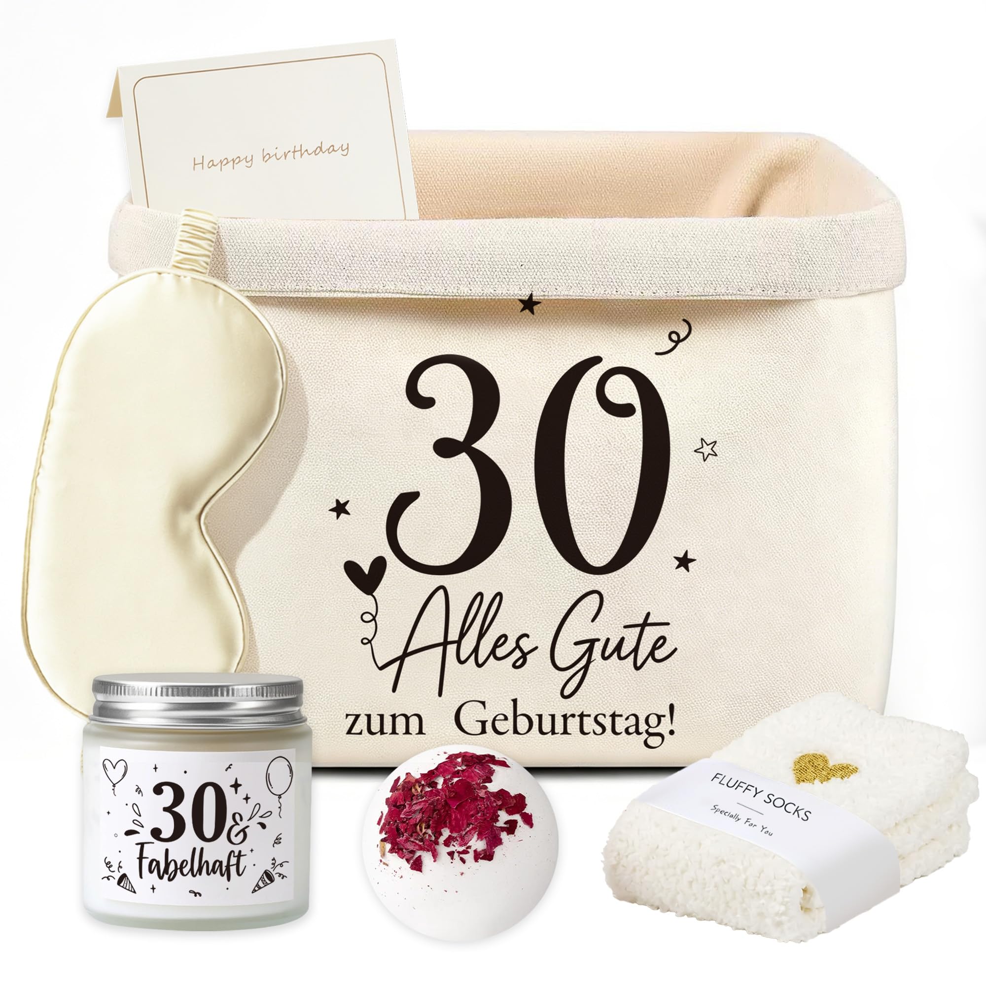 Geschenkset zum 30. Geburtstag für Frauen, Geburtstagsgeschenk mit Retro Canvas Tasche, Duftkerze, Badeball, Socken, Augenmaske & Grußkarte, Wellness Geschenk für Freundin, Mama, Ehefrau