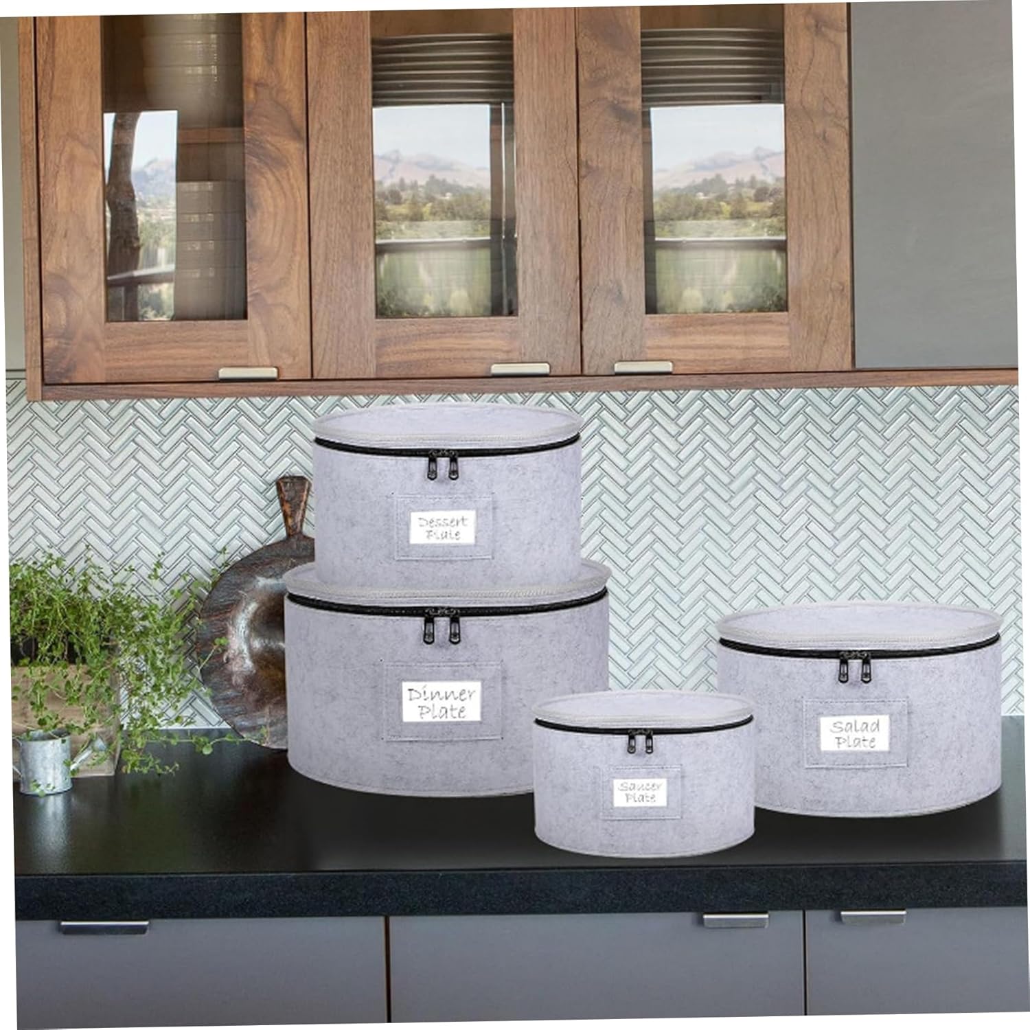 Moving Bags 4Pcs China Storage Containers, Stackable Felt Zippered Plate Organizer with Lid & Protectors Divider, 7/8.5/10/12 Inch Moving Bags, Dustproof Camping Storage