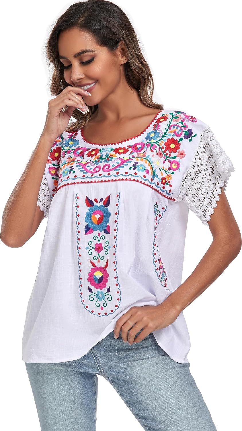YZXDORWJ Women's Embroidered Mexican Peasant Blouse Mexico Summer Shirt Short Sleeve