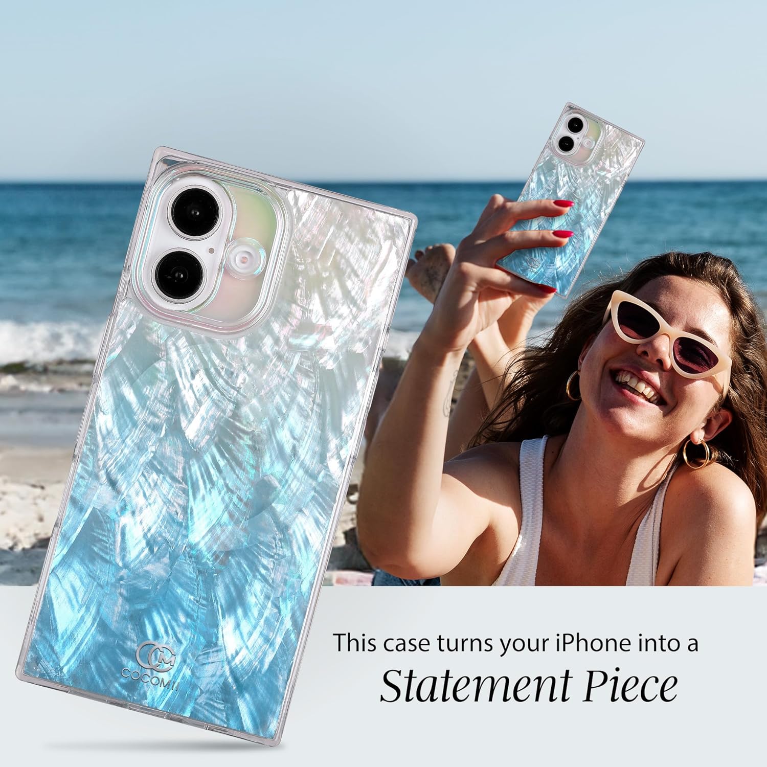 Cocomii Retangle Case for iPhone 16, Compatible with MagSafe, Turquoise Real Mother of Pearl - Image 2