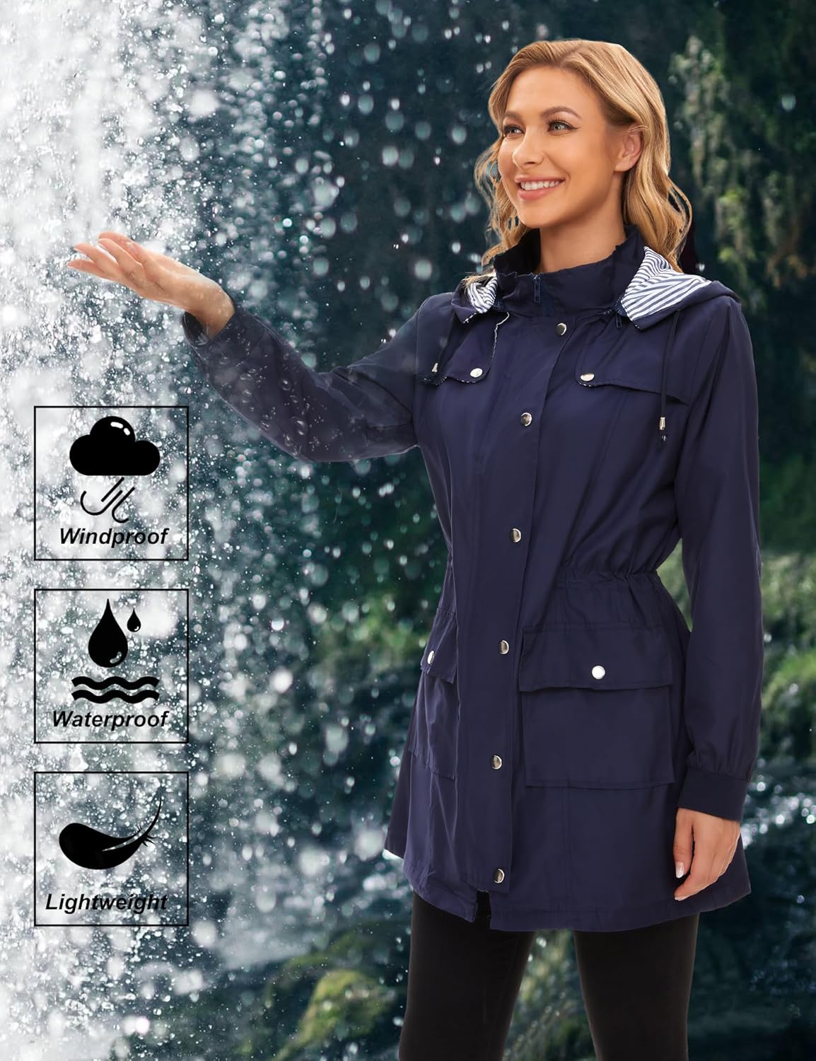 Bloggerlove Rain Jacket Women Lightweight Raincoat Waterproof Windbreaker Striped Climbing Outdoor Hooded Trench Coats S-XXL - Image 3