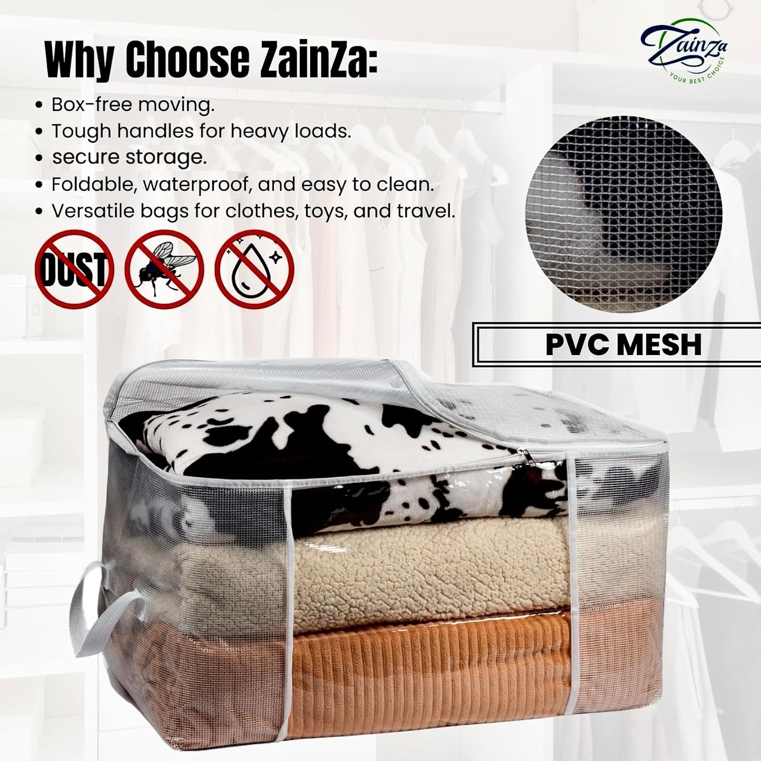 4 Pack Clothes Storage Bags - Foldable XL Clear Storage Bins Organizers for Closet, Clothing, Blanket, Quilt - Premium Organize Storage Cubes Moving - Durable Handle &Zipper - White Storage Containers