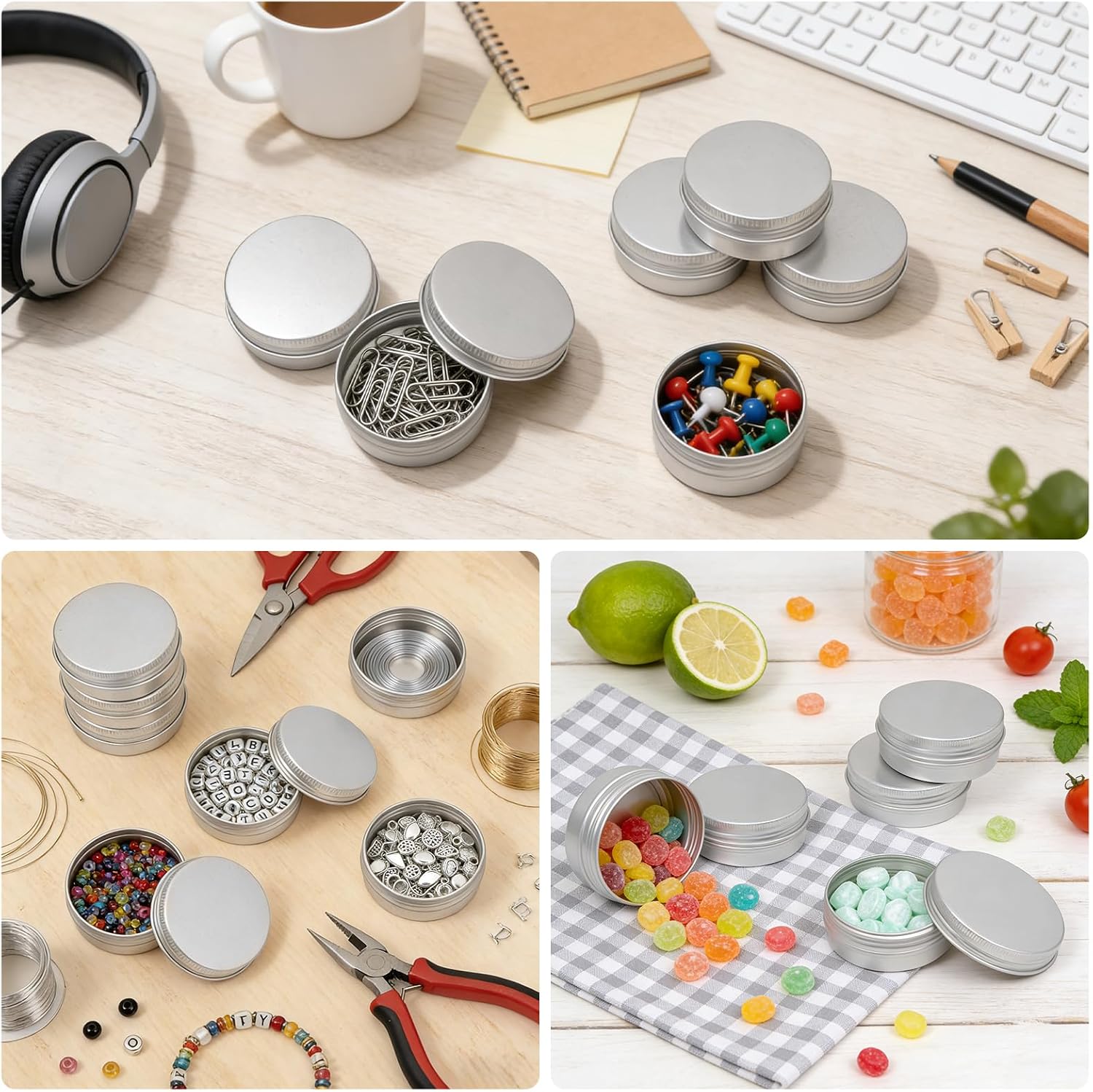 100 Pack 2 oz Aluminum Tins with Screw Lid, Leak-Proof Round Metal Containers 60ml Refillable Salve Lip Balm Jar, Food-Grade Cosmetic Candle Travel Storage (Silver)