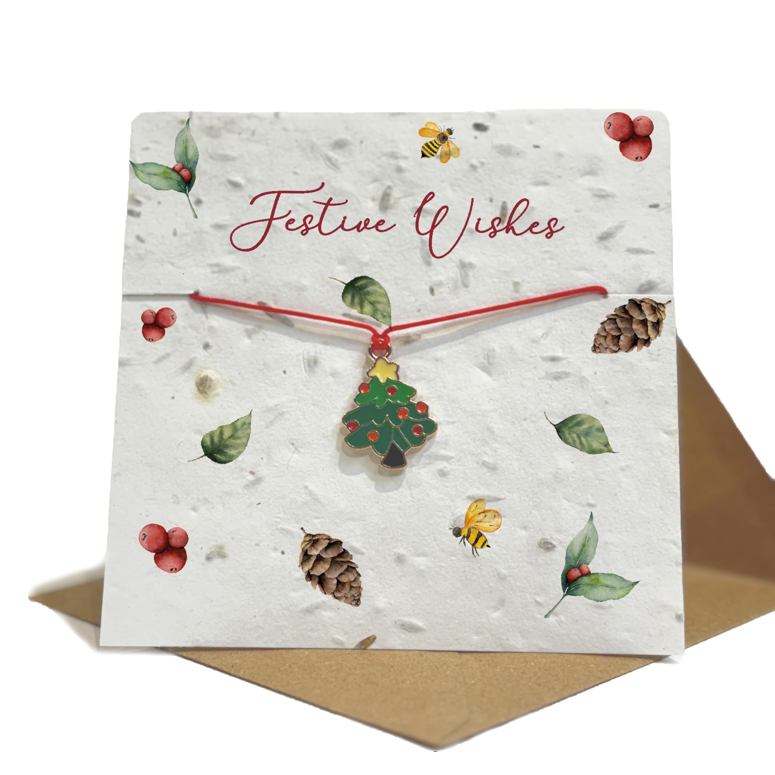 Plantable Wildflower Seed Christmas Card with Charm Bracelet – Eco-Friendly Christmas Greeting Card with Recycled Kraft Envelope – Blank Inside, Planting Instructions Included (Festive Wishes)