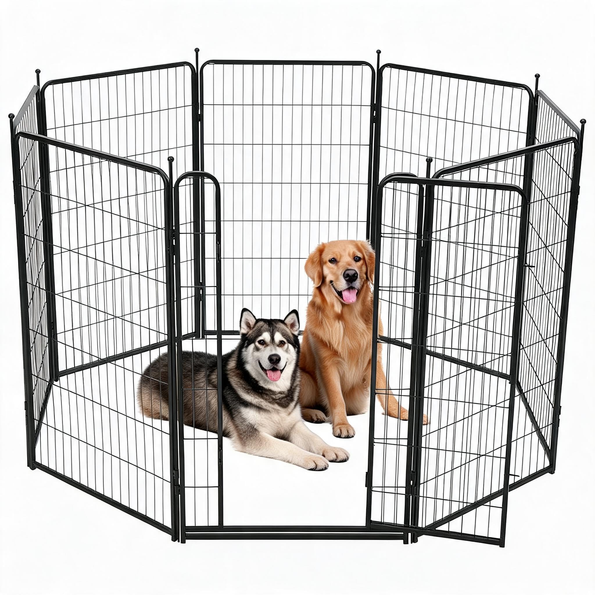 Heavy Duty Dog Playpen 8 Panels Metal Pet Enclosure Foldable Portable Indoor Outdoor Small Animal Puppy Rabbit Crate with Safety Door Anti Trip Threshold for Garden Camping Travel