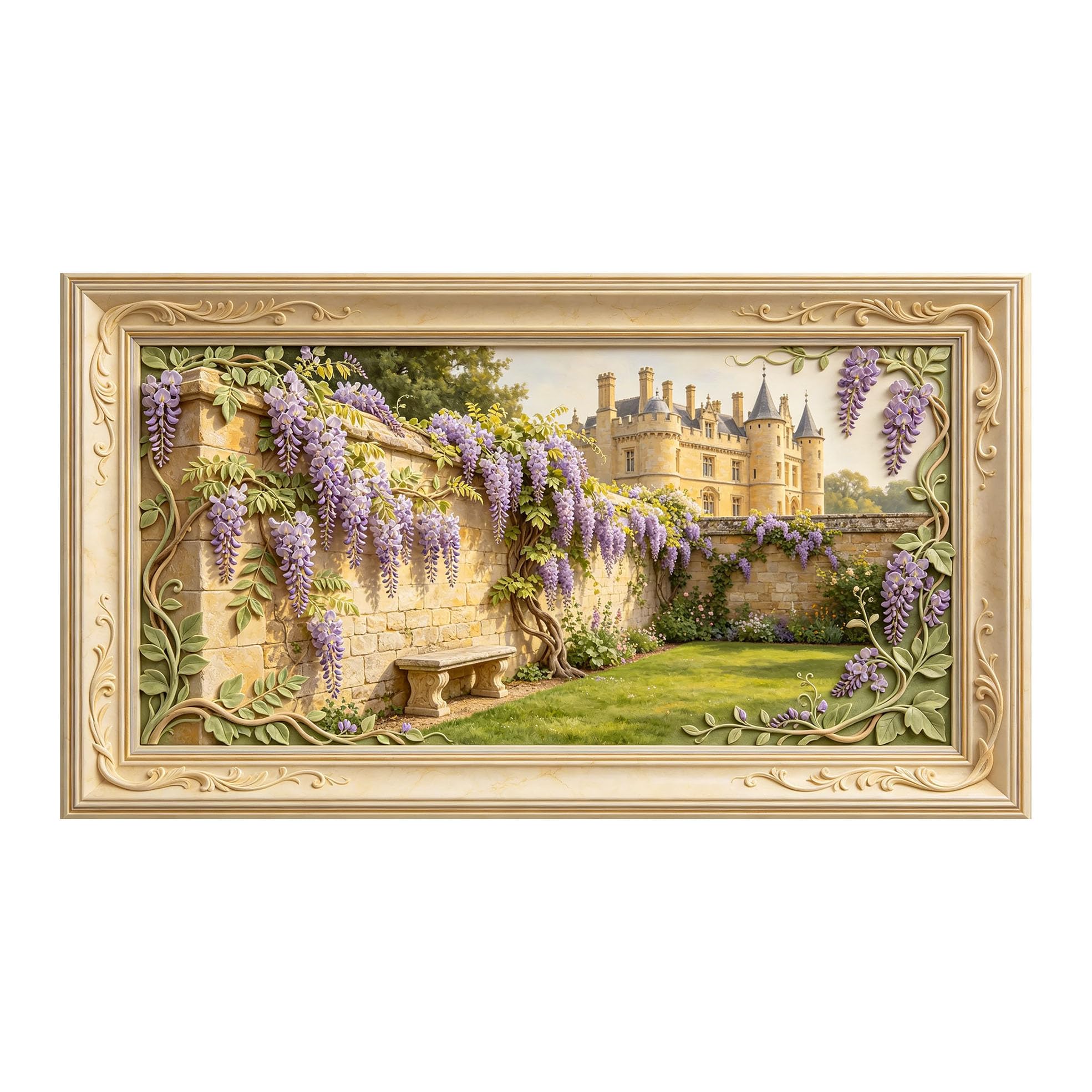 Murasolite 3D Framed Wall Art European Castle Garden Wisteria Floral Landscape Oil Painting SelfAdhesive Fabric Mural Wall Decor,No Damage to Wall,AntiFall Safe Design for Bedroom Living Room