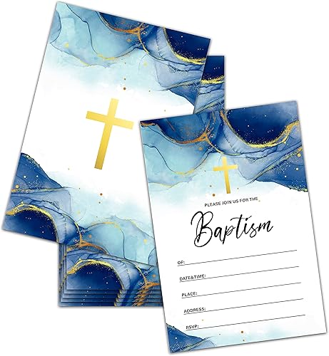 Invitaciones de bautismo con sobres, tarjetas de invitación de baby shower azul acuarela, invitación de primera comunión de lámina dorada,