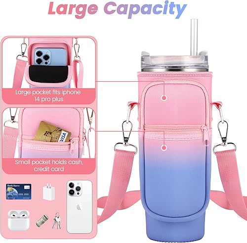 Miniatura 3 de OUTXE Bolsa de transporte para botella de agua para vaso Stanley de 30 oz y 40 onzas con asa, soporte para botella de agua con correa y bolsillo