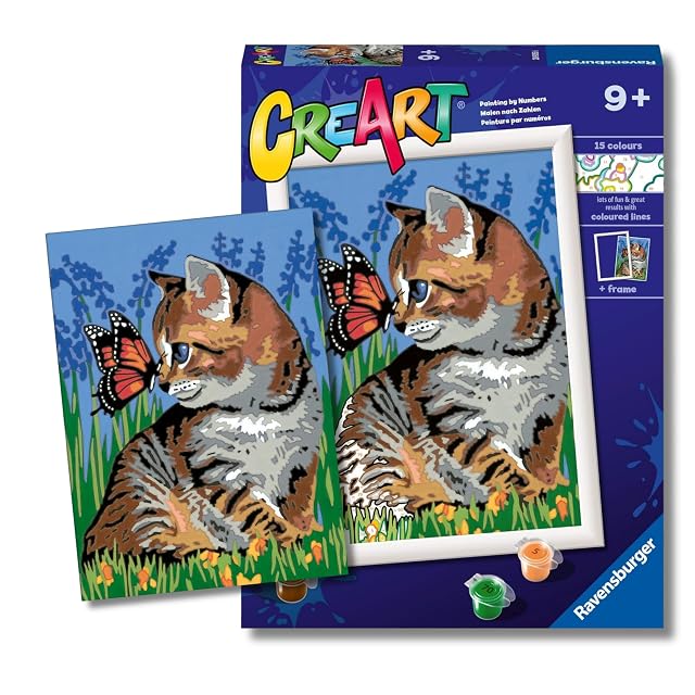 Ravensburger - CreArt Gatito y Mariposa, Kit pintar números niños +9 años