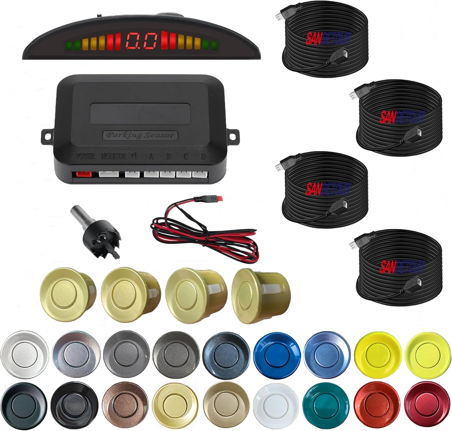 Parking Sensor Kit Backup Sensor Kit Reverse Sensor for Pickup & Extended Vehicles - 4 x 2.3m Sensors + 4 x 4.5m Extension Cables, 24V Compatible (Voltage Reducer Sold Separately)Light Grey