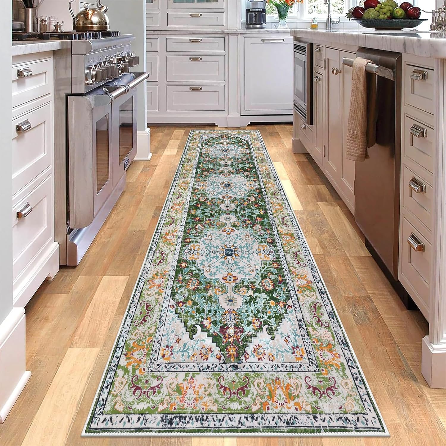 U'Artlines 2.6' x 8' Boho Hallway Runner Rug, Non Slip Washable Vintage Farmhouse Accent Area Rug Carpet for Kitchen Entryway Laundry and Living Room (Green)