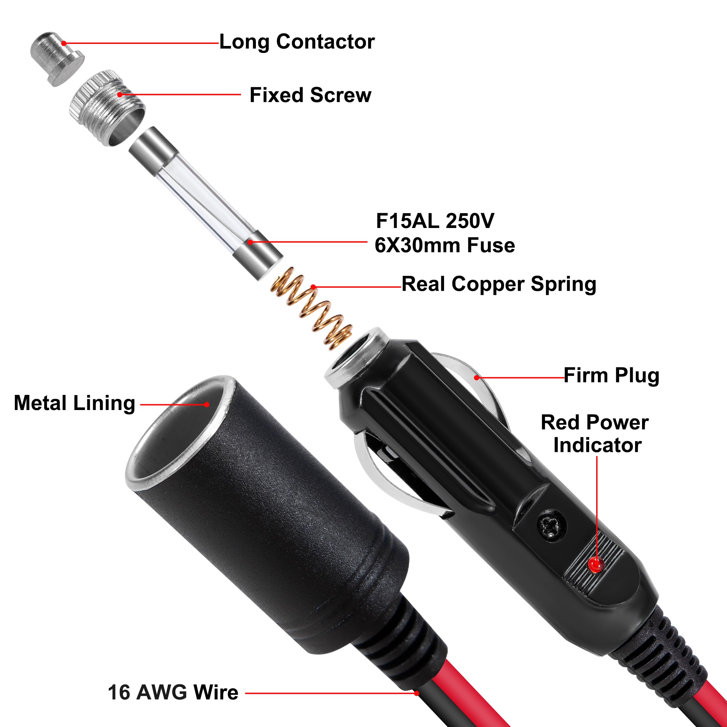 kabel przedłużający do samochodu 2 metry, gniazdo zapalniczki, wtyczka, przedłużacz 16AWG, wodoodporny, z bezpiecznikiem 15A, do 12V/24V, adapter do gniazdka samochodowego, do samochodu