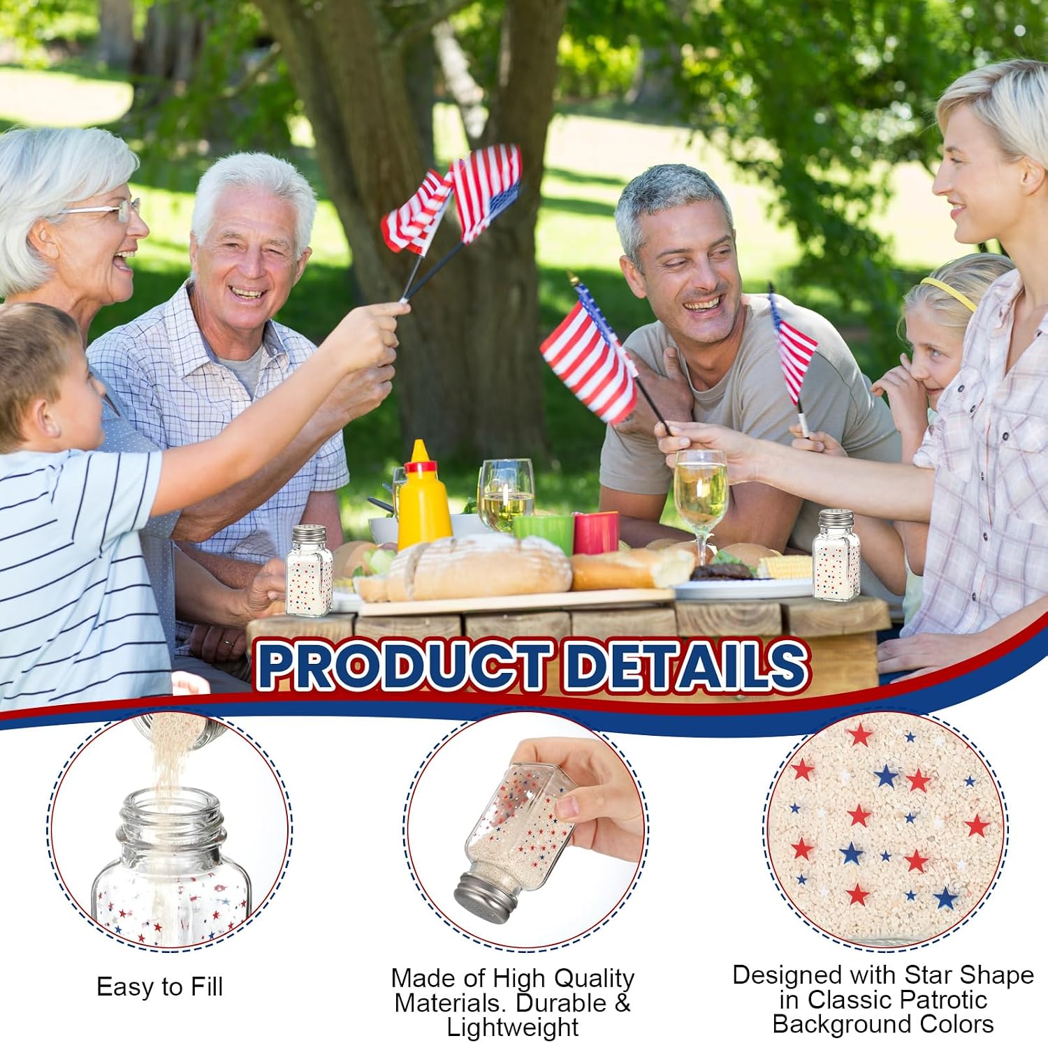 Reallnaive 2 Pcs 4th of July Salt and Pepper Shakers, Patriotic Salt and Pepper Shakers Set Independence Day Red White and Blue Star 250th Anniversary Kitchen Counter and Table Decor