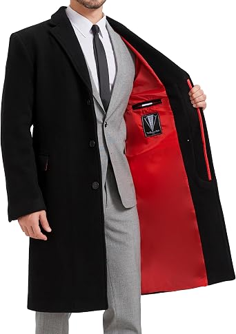 Mens Black Wool Winter Overcoat Cashmere Blend Bond Topcoat, Single Breasted Formal Dress Coat