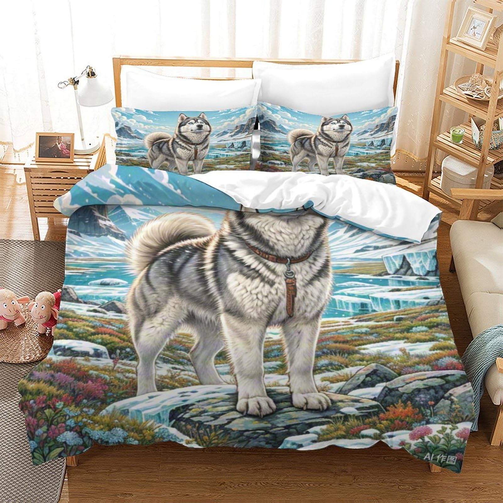 Housse de couette Husky Sibérien 140x200 cm en microfibre avec taie d'oreiller