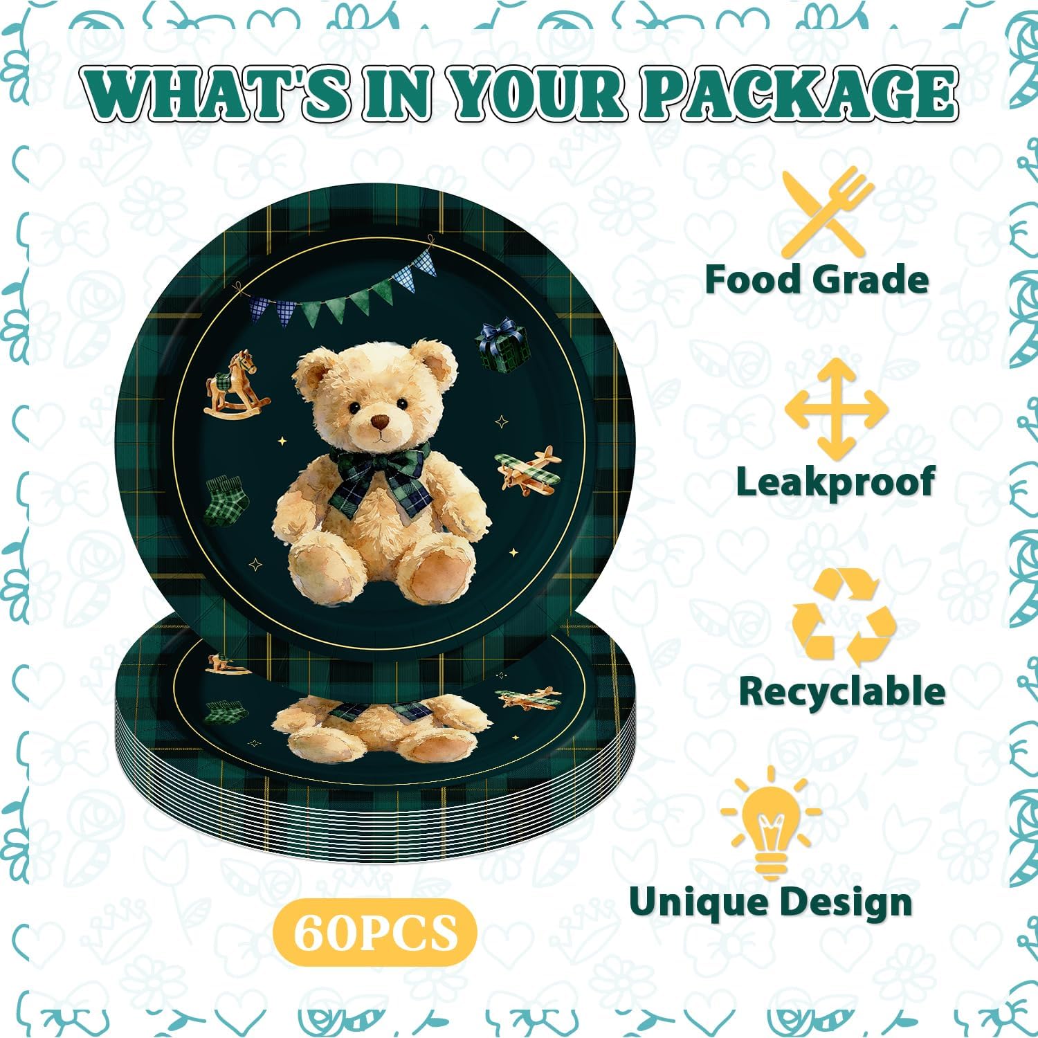 60Pcs Teddy Bear Baby Shower Decorations 7in Green Blue Tartan Party Plates image 4