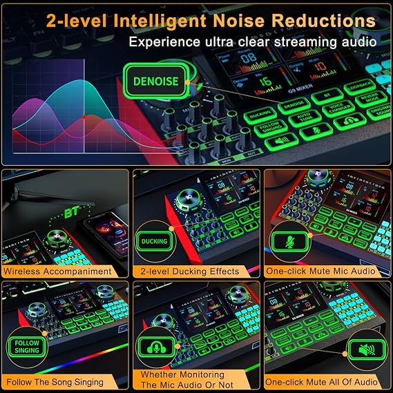 Tenlamp G9 Live Sound Card Game audio mixer with built-in audio interface, compatible with smartphones and computers. Soundboard designed for live streaming and content creation.