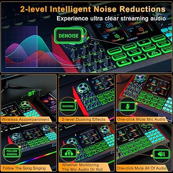 Tenlamp G9 Live Sound Card Game audio mixer with built-in audio interface, compatible with smartphones and computers. Soundboard designed for live streaming and content creation.