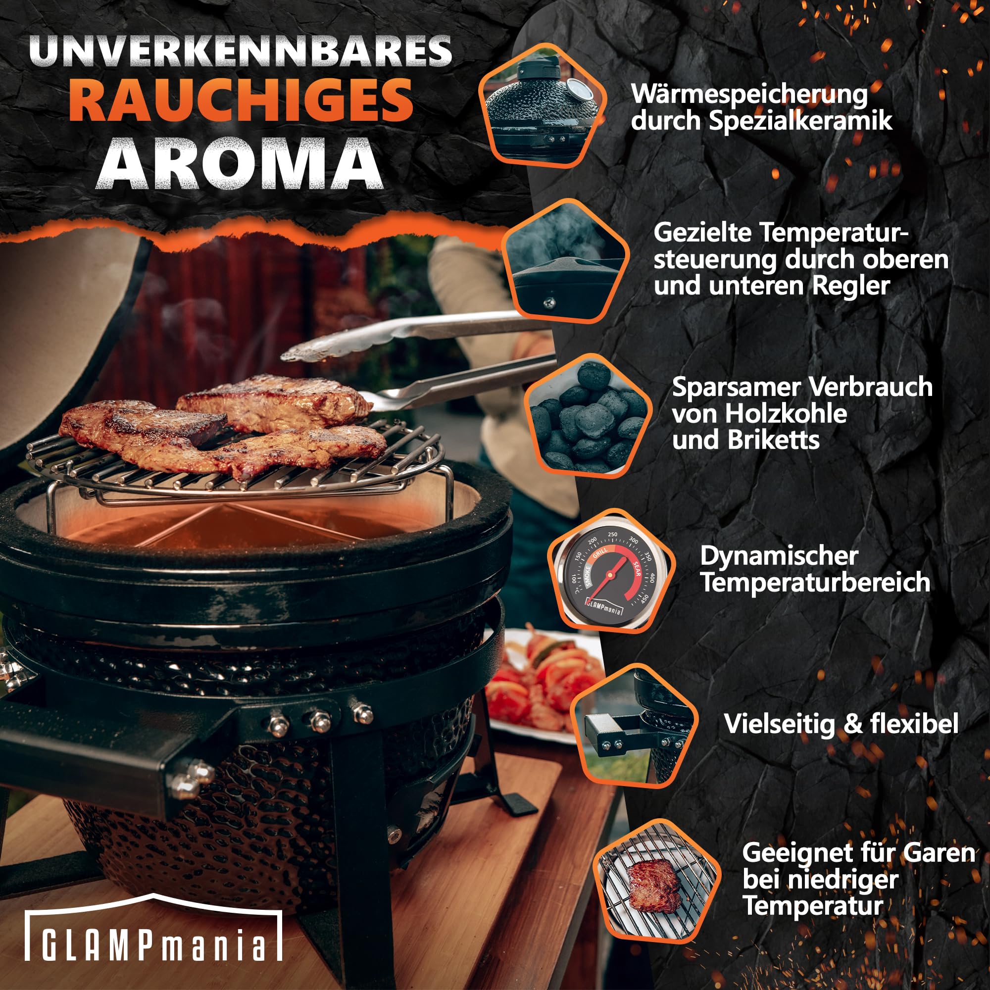 Keramikgrill Kamado Grill SET für 2 Personen - Grilllrost Ø25cm I Smoker Grill I Campinggrill, BBQ, Holzkohlegrill für Camping Garten Balkon - Jetzt Holen und Genießen