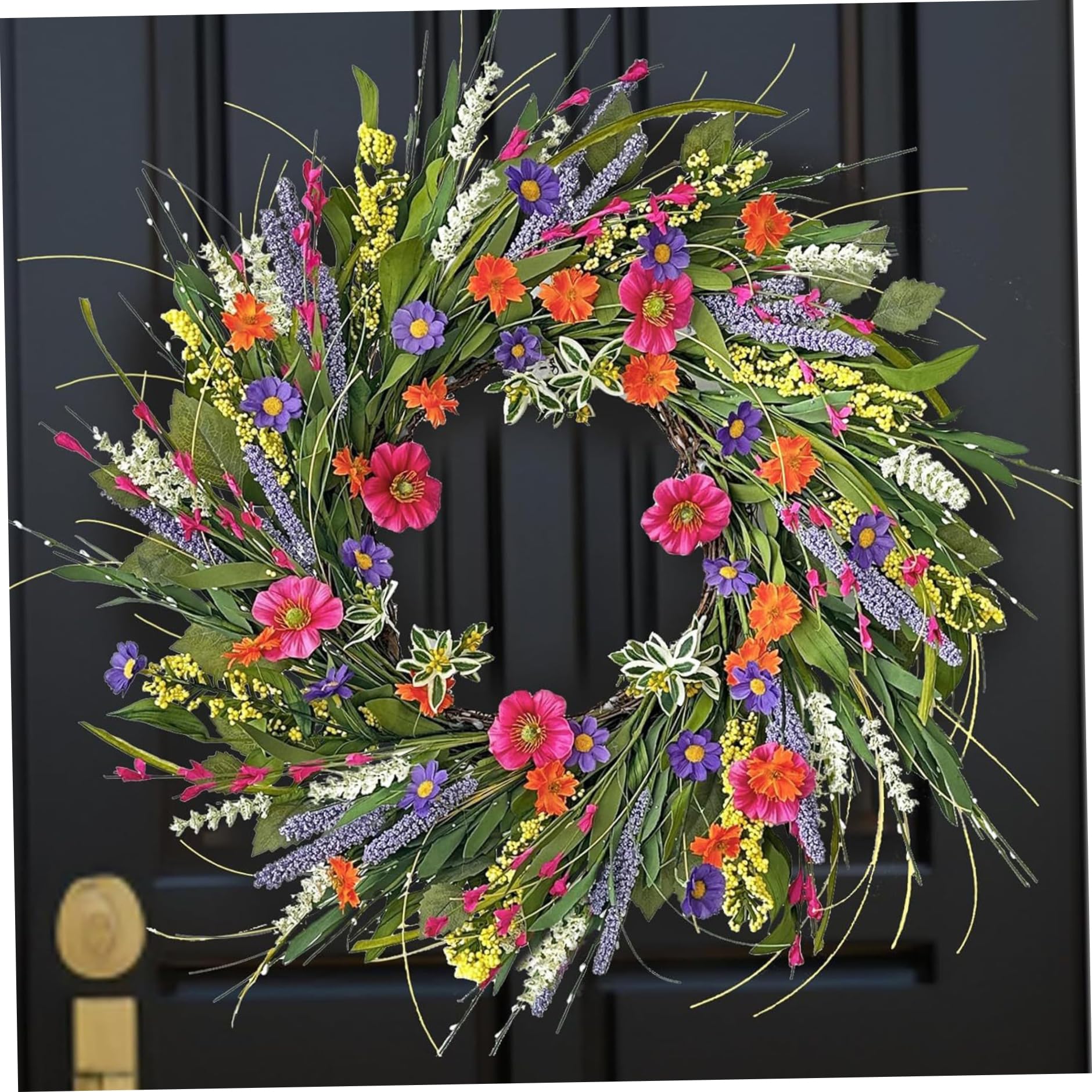 Wildblumenkranz für die Haustür, 40, 6 cm, bunter Frühlingskranz mit realistischen Seidenblumen, Sommerkränze für die ganzjährige Heimdekoration