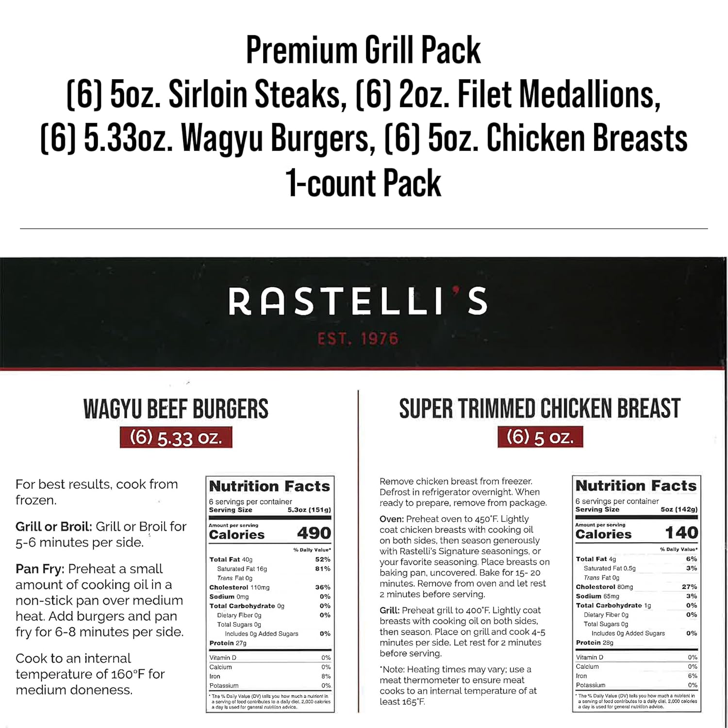 Rastelli's Grilling Meat Pack: Wagyu Burgers, Sirloin Steaks, Filet Mignon Medallions, Chicken Breasts, (24 count), 6.5 lbs. Total