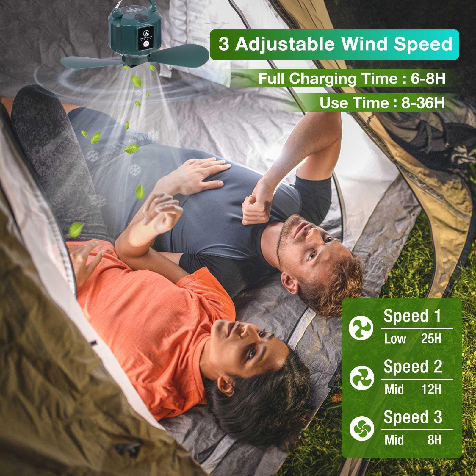 Ventilador portátil de camping al aire libre recargable – Ventilador USB de 10400 mAh con luz LED y control remoto, para tienda, techo, viajes (temporizador, 3 velocidades y niveles de luz)