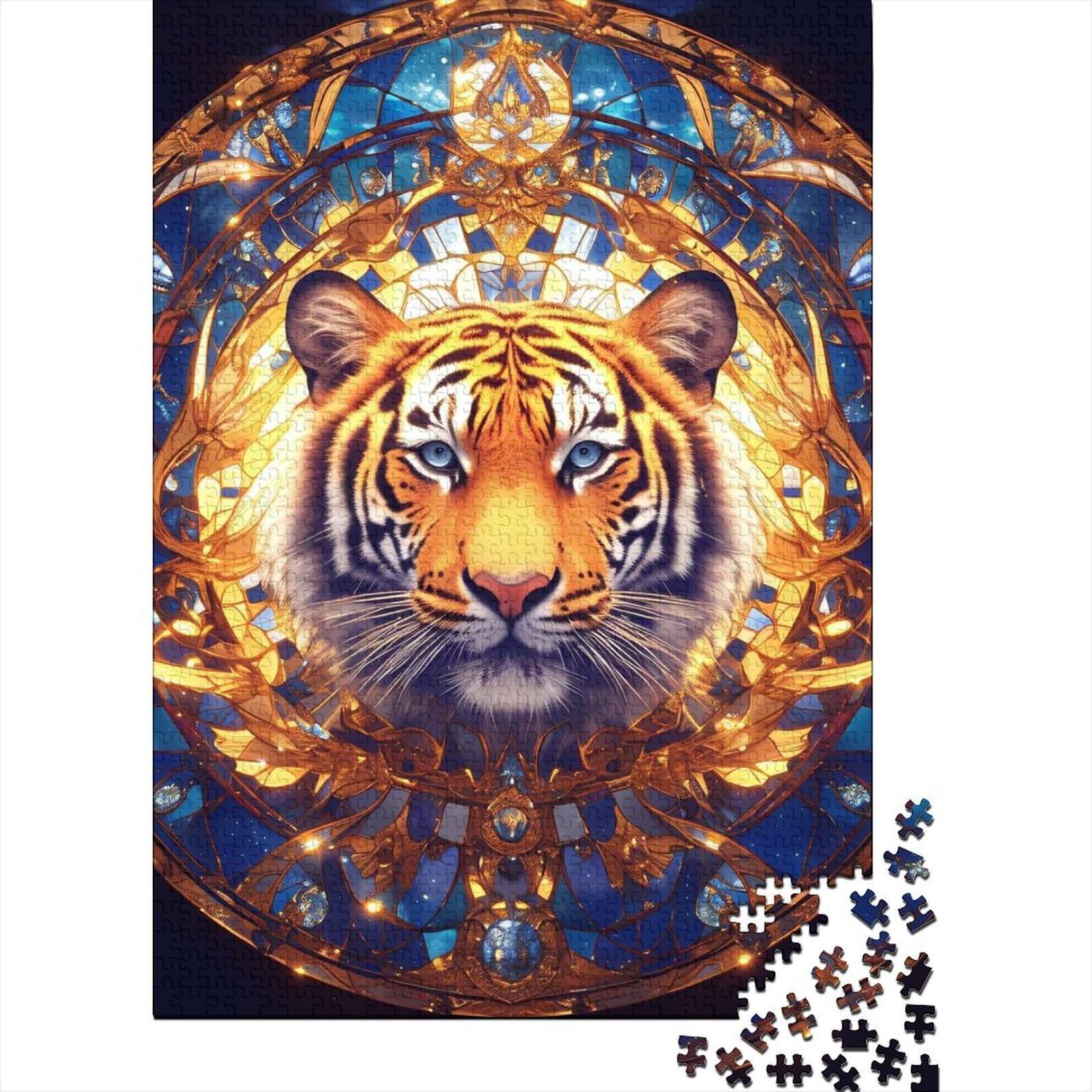 Tiger Stained Glass Mandala_2 Adult Jigsaw Puzzle 1000 Pieces, Animal Lover Puzzle Challenge, Home Leisure Activity, 38x26cm/1000pcs