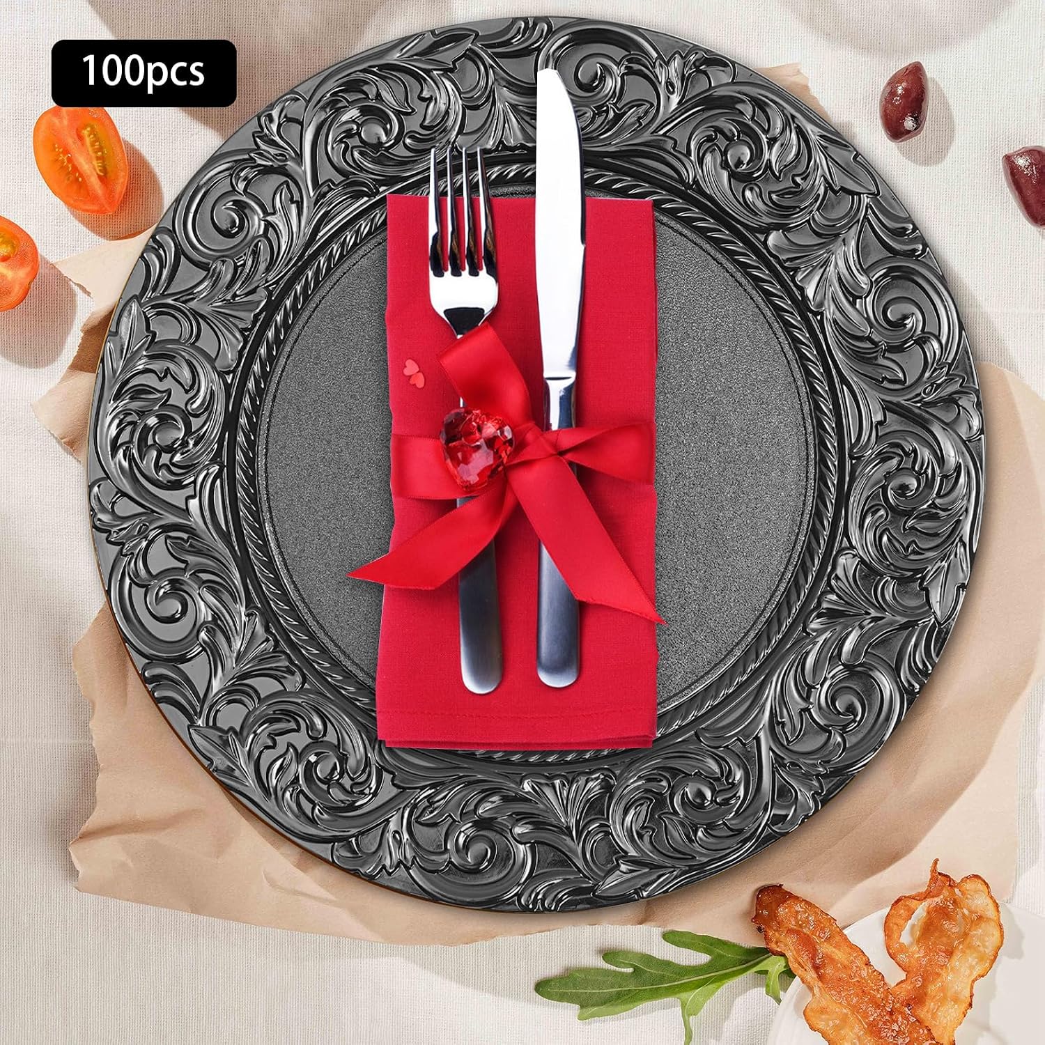 Round Charger Plates, Reusable Serving Plates, 100 Pcs Reef Charger Plates Bulk, 13'' Plastic Embossed Dinner Plate Chargers Round Floral Plates for Wedding Party, Holiday Event Supplies (Black)