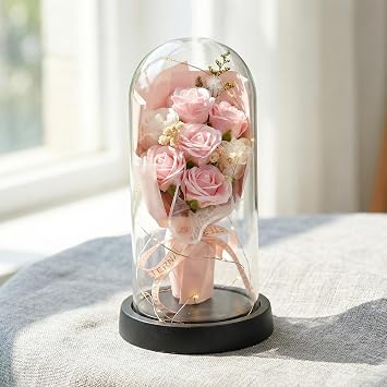 7 Eternal Rose in Glass Dome with LED Lights, Eternal Rose Enchanted Sparkly Flower Artifical, Birthday Gifts for Women, Perfect Birthday and Valentine's Gifts for Women, Wedding, Home Decor