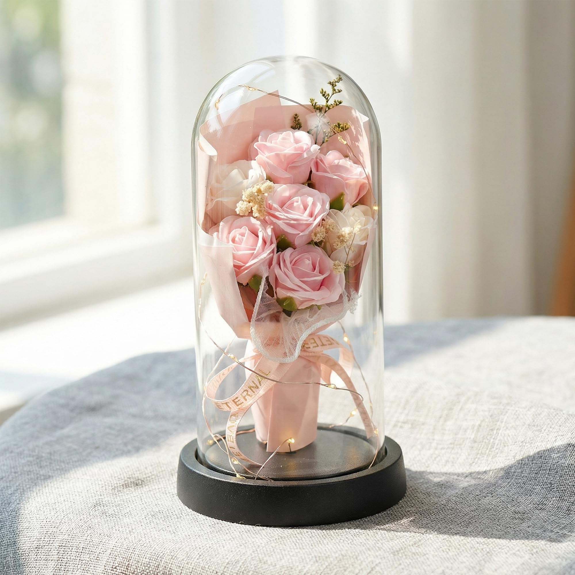 7 roses éternelles dôme en verre avec lumières LED veilleuse romantique Saint-Valentin