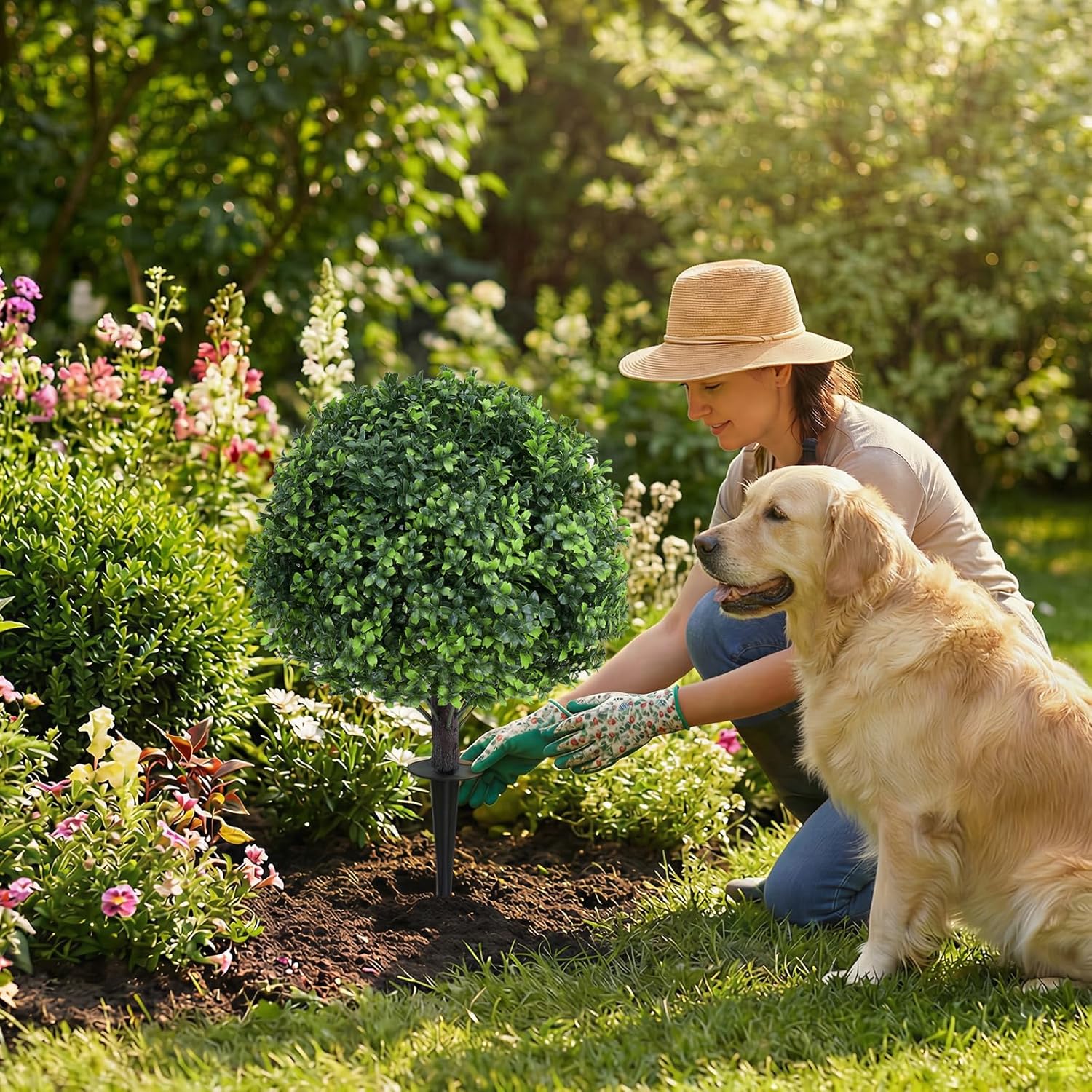 Dense Leafy Artificial Boxwood Topiary Ball Trees 24 Inch, Set of 2 Fake Plants Outdoor with Ground Spike, UV Resistant Faux Boxwood Bushes for Garden Patio Front Porch Decor