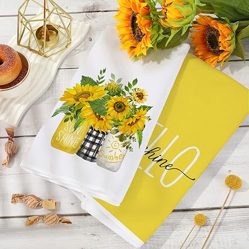 Miniatura 4 de AnyDesign Toalla de cocina de verano, Hello Sunshine, paños de cocina de girasol, diseño de flores amarillas para secar a mano, para cocinar de