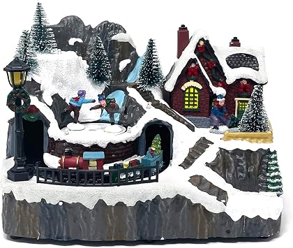 allgala Crafted Polyresin Christmas House Collectable Figurine with USB and Battery Dual Power Source-Moving Train and Skaters-XH93445