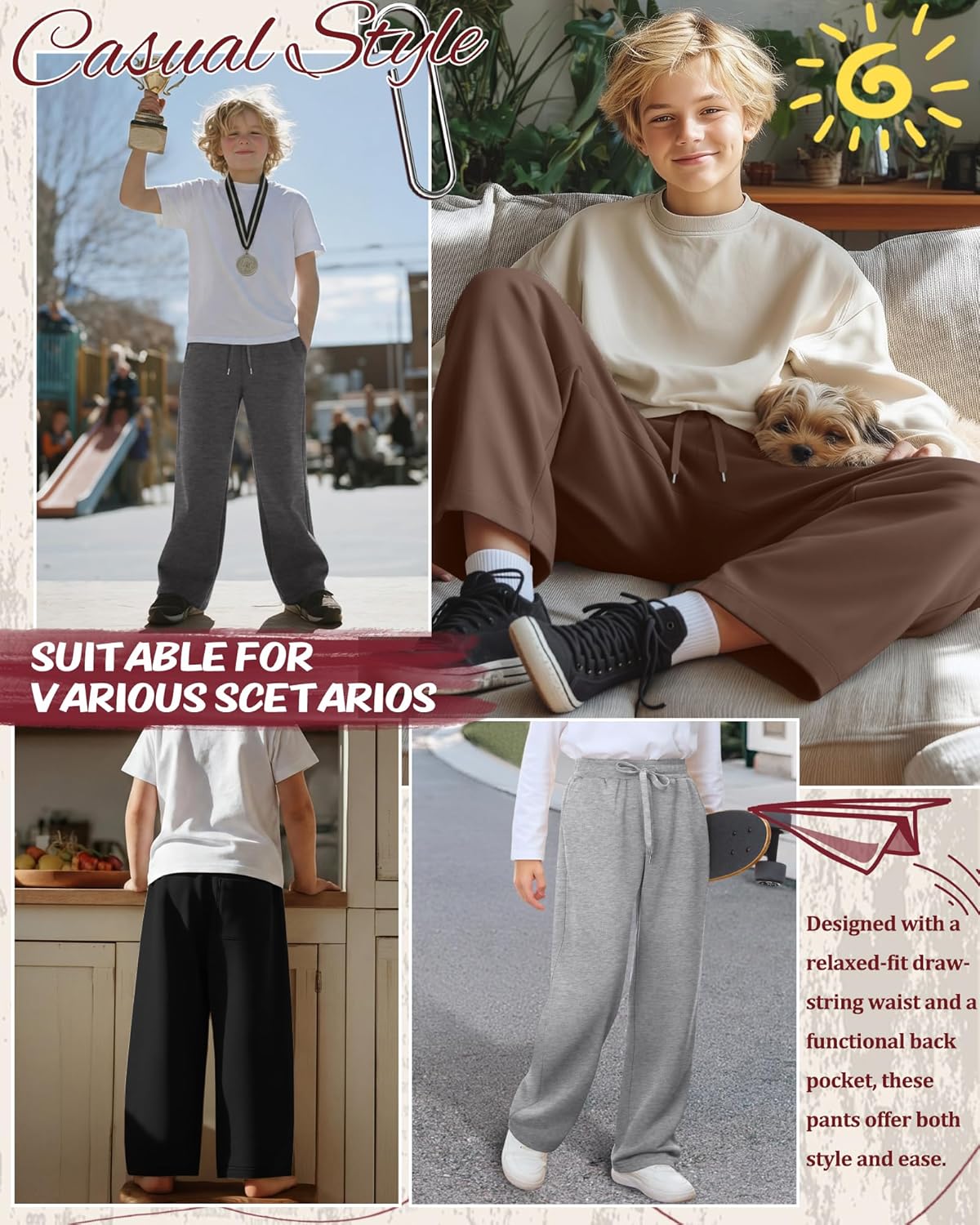 4 Pack Boys Sweatpants Kids Straight Wide Leg Baggy Athletic Pants Drawstring Open Bottom Joggers with Pockets
