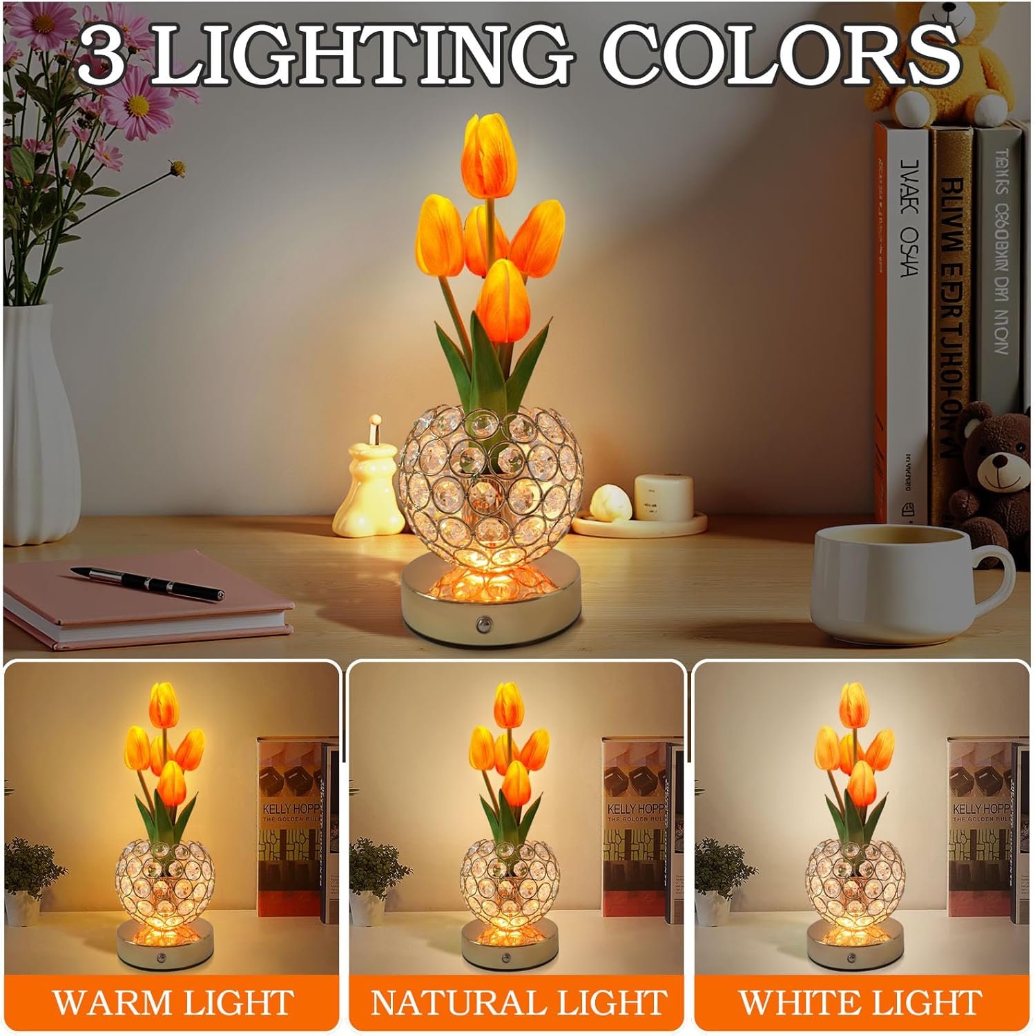 Cordless Tulip Flower Lamps, 3 Colors Touch Stepless Dimming Crystal Night Light, Rechargeable Artificial LED Flower with Vase Lamp Romantic Decor for Mothers Day,Xmas,Birthday (Pink) - Image 2