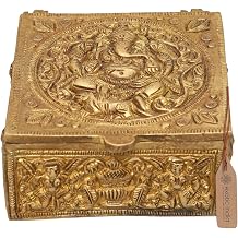 Exotic India Small Brass Storage Box with Ganesha Carving | Ritual Pooja Kumkum Haldi Storage Box | Home Temple | Puja | Roli | Chandan | Diwali Gift
