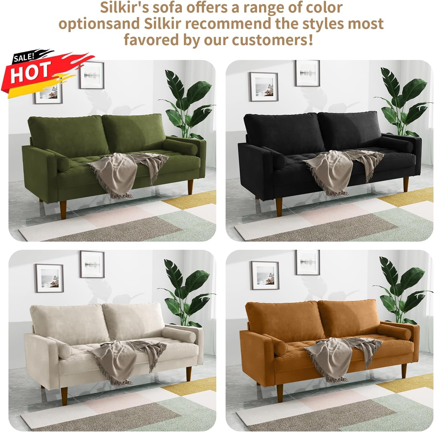 SILKIR Velvet Loveseat Sofa, Love Seats Furniture for Small Spaces, Mid-Century Modern Loveseats for Living Room, Love Seat Couch, 58 & 70 Inches, Ginger