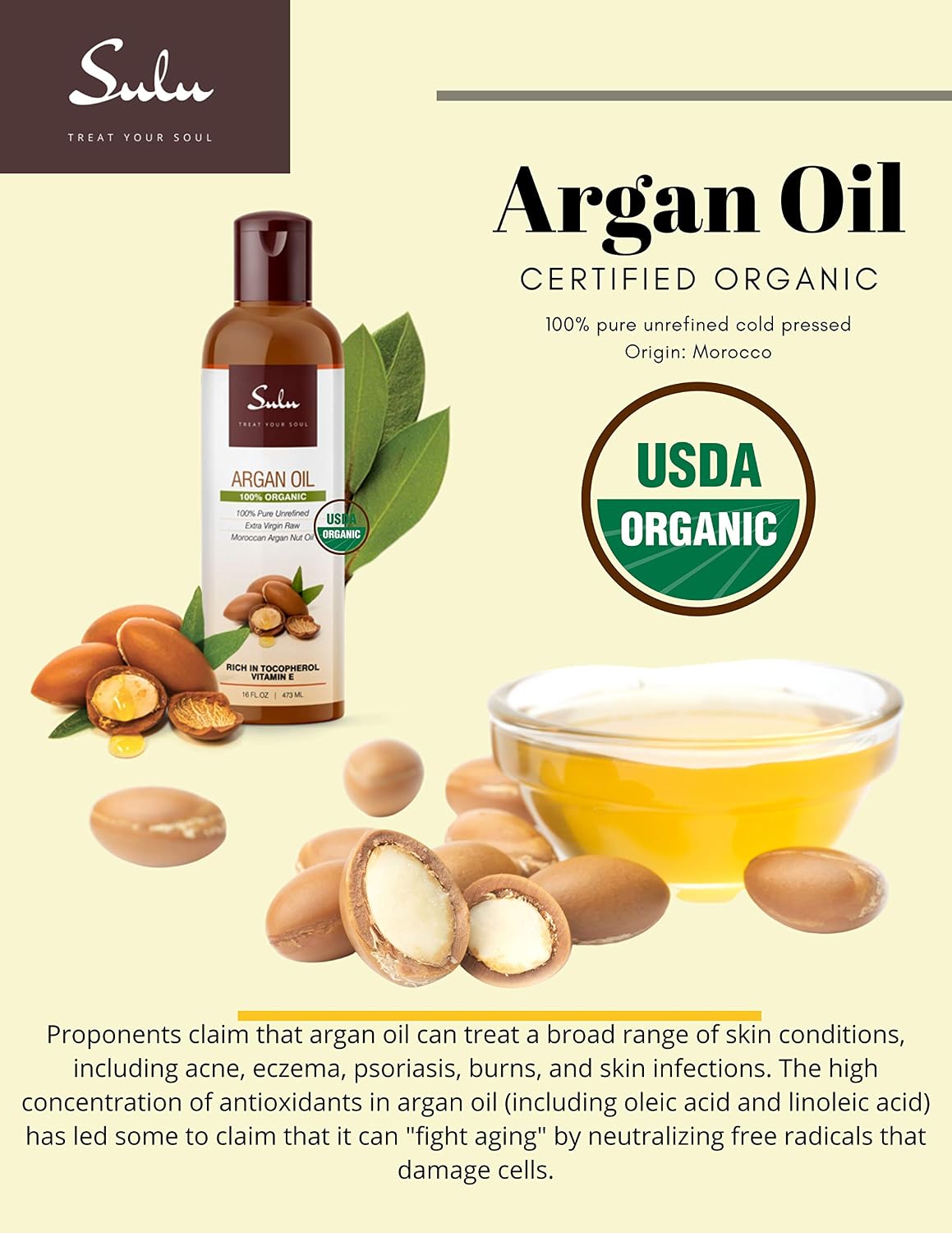 SULU ORGANICS 4 OUNCES Pure Certified Organic Cold Pressed Unrefined Extra Virgin Moroccan Argan Oil image 2