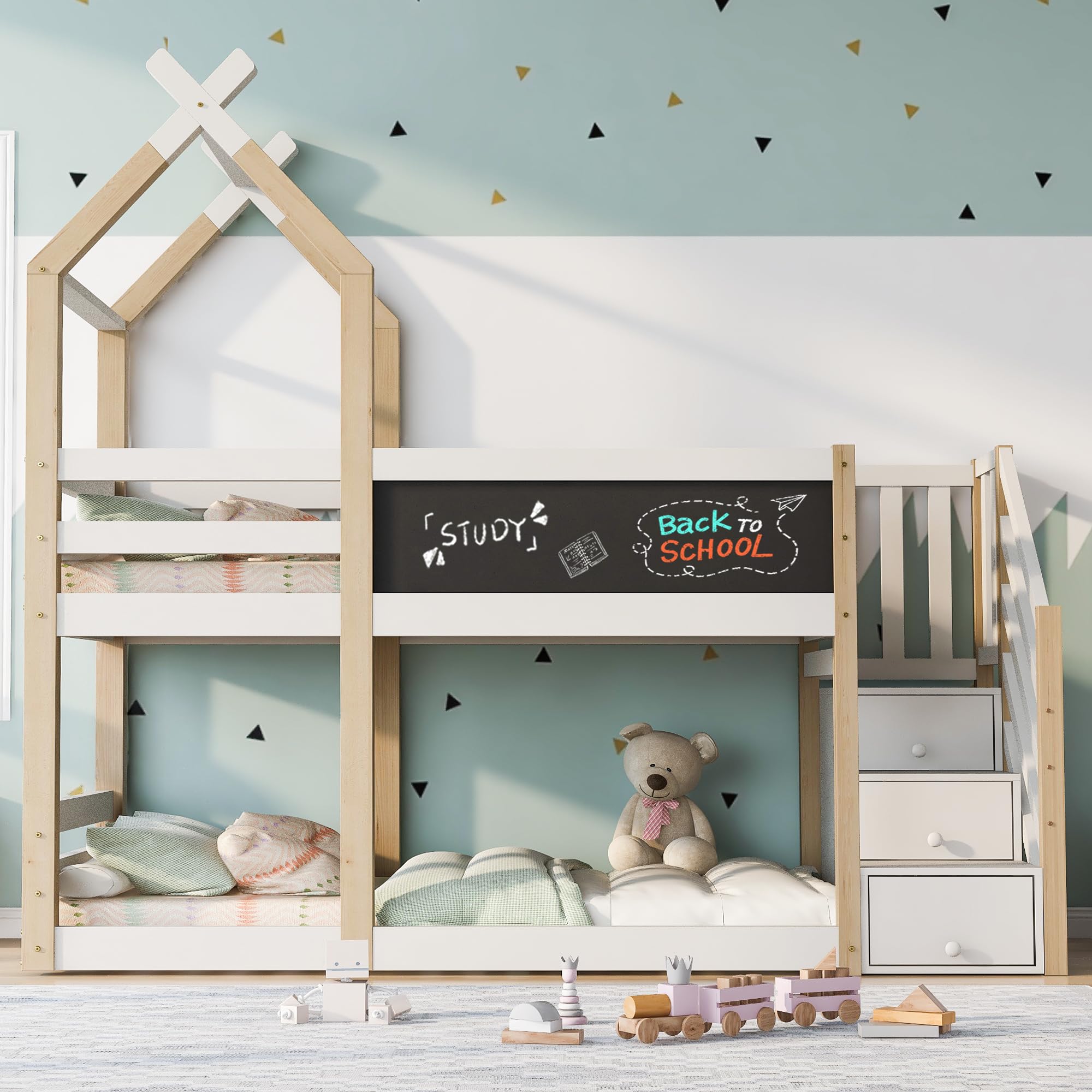Lit superposé, 90 x 200 cm, design cabane d'arbre avec tableau, protection anti-chute et espace de rangement, lit mezzanine pour enfants à partir de 6 ans, bois massif de pin et MDF