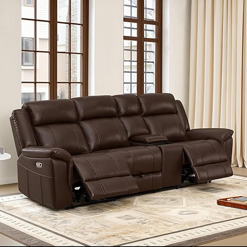 CHITA Sofá reclinable eléctrico de cuero genuino, sofá reclinable de pared con mesa desplegable, consola, reposacabezas eléctrico, cajones, puertos