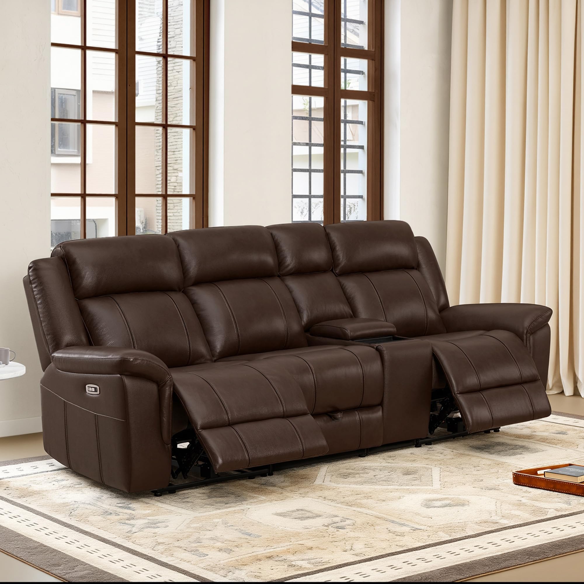 CHITA Leather Power Recliner Sofa, Dark Brown, 3-Seat with Console